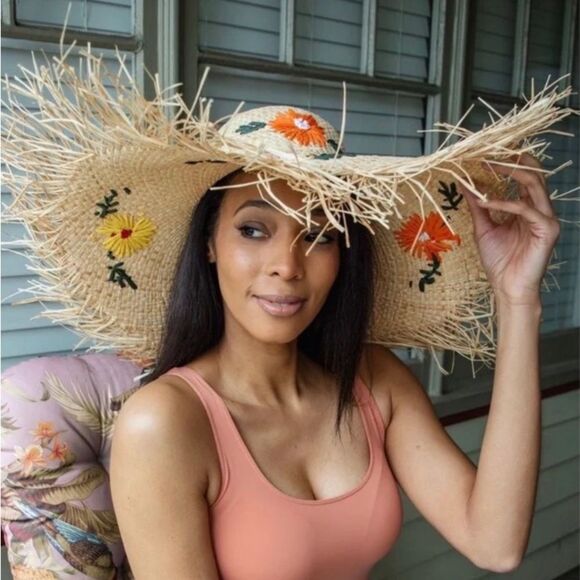 Hat Attack Charlotte Embroidered Floral Sunhat UPF 50+ Fringe Adjustable